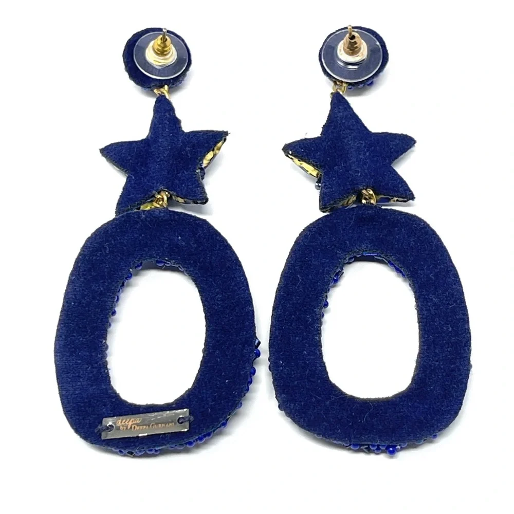 New Anthropologie Deepa Gurnani Star Blue Beaded Dasia Hoop Earrings - Picture 6 of 7